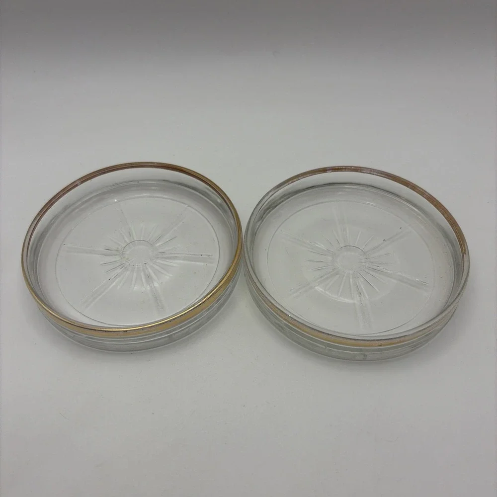 Vintage Mid century Starburst Depression Glass Coaster with gold trim.